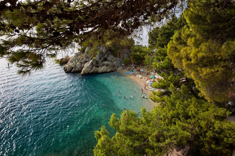 Brela apartamente – Plaja Punta Rata în Brela – mare turcoaz, mal cu pietriș înconjurat de pini și celebra stâncă Brela; scene de vară pentru înot și plajă într-un cadru natural.